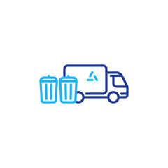 Garbage truck line icon, trash disposal services, waste bins