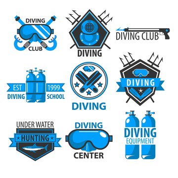 Diving club isolated icons underwater swimming equipment
