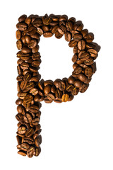 Roasted coffee bean letter P isolated on white