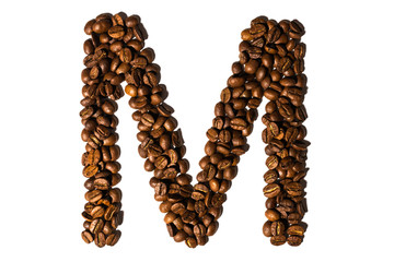 Roasted coffee bean letter M isolated on white