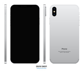 smartphone mockup in silver color with black screen view front, back and side on white background. stock vector illustration eps10