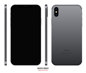 smartphone mockup in grey color with black screen view front, back and side on white background. stock vector illustration eps10