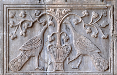 Two peacocks, oriental Byzantine relief, facade detail of St. Mark's Basilica, St. Mark's Square, Venice, Italy, UNESCO World Heritage Sites 