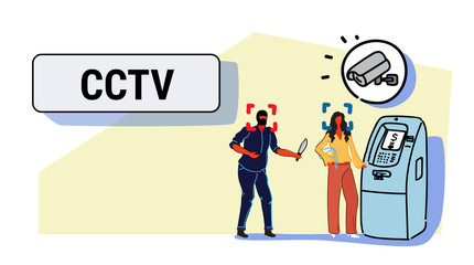 camera recording masked thief with knife dangerous robber attacking woman withdrawing money from ATM surveillance system security alarm sketch horizontal