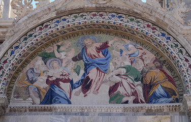 Fototapeta premium Ascension, mosaic on the upper right arch of the facade of St. Mark's Basilica, St. Mark's Square, Venice, Italy, UNESCO World Heritage Sites 
