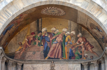Stealing St. Mark's body,, lunette mosaic of St. Mark's Basilica, St. Mark's Square, Venice, Italy, UNESCO World Heritage Sites 