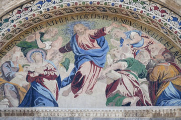 Ascension, mosaic on the upper right arch of the facade of St. Mark's Basilica, St. Mark's Square, Venice, Italy, UNESCO World Heritage Sites 