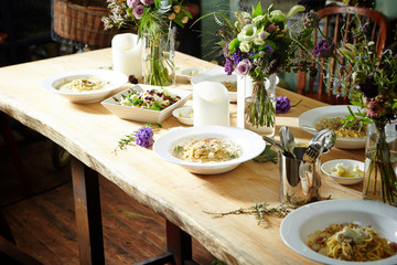 Food on table with flowers