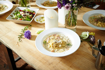 Food on table with flowers