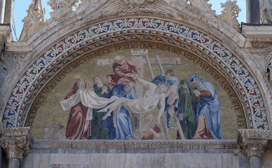 Deposition Jesus Christ From The Cross, mosaic from upper facade of the Basilica San Marco, St. Mark's Square, Venice, Italy, UNESCO World Heritage Sites 