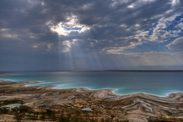 Beautiful green white salty coastline of Dead sea in Jordan