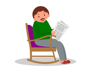 Man sitting in rocking chair. Man leisure time. Youg man reading newspaper. Cute man at home.Vector illustration.