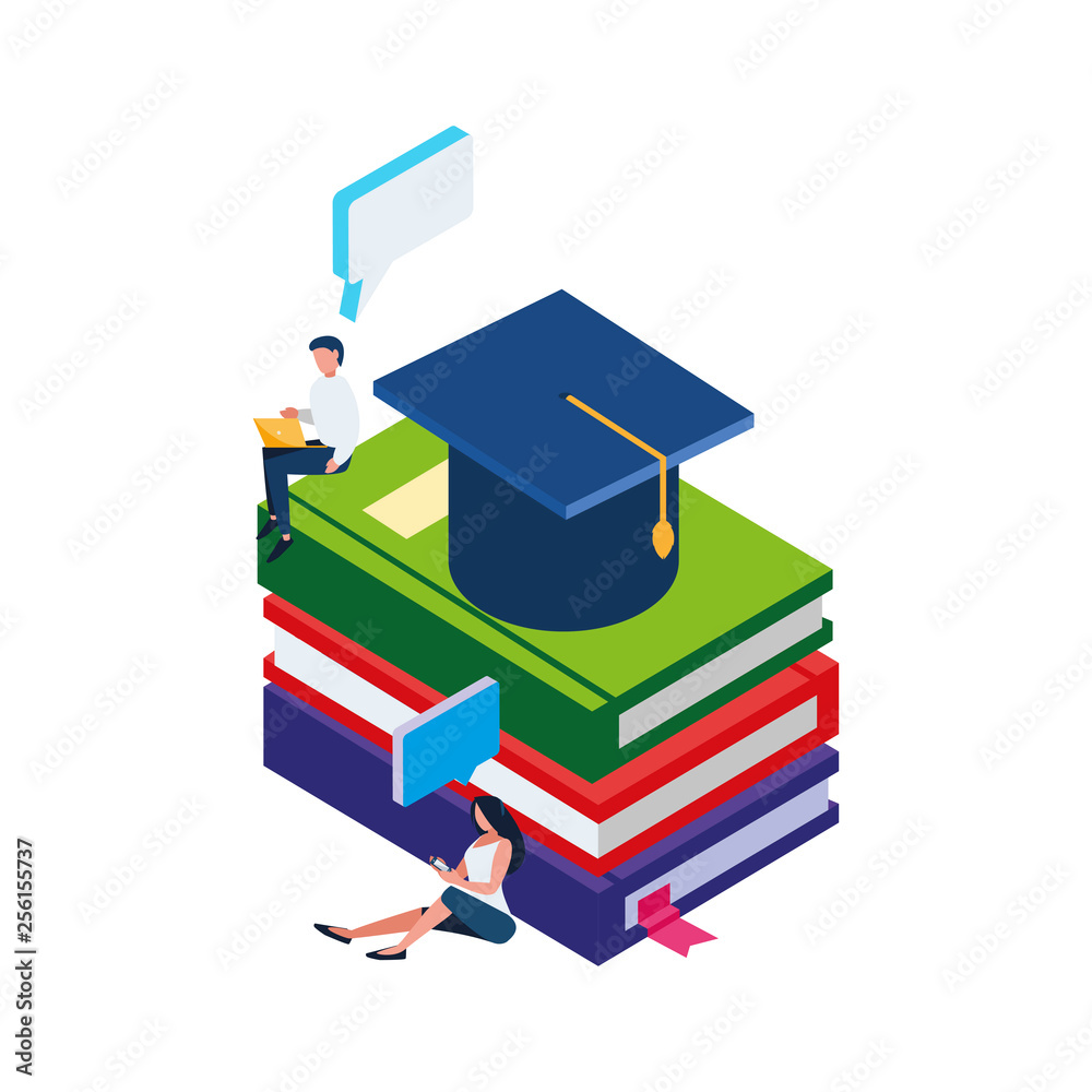 Wall mural pile text books with hat graduation and minipeople