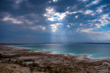 Beautiful green white salty coastline of Dead sea in Jordan