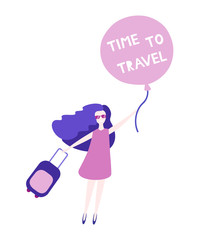  Happy woman holding balloon and suitcase. Poster Time to travel. Flat vector illustration.