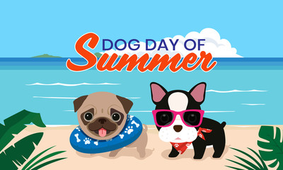 The fun of cute puppies on the beach in summer.