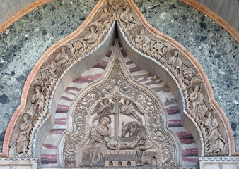 Obraz premium Nativity Scene, Upper part of the Porta dei Fiori, located on the north side of St. Mark's Basilica, St. Mark's Square, Venice, Italy, UNESCO World Heritage Sites