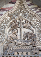 Nativity Scene, Upper part of the Porta dei Fiori, located on the north side of St. Mark's Basilica, St. Mark's Square, Venice, Italy, UNESCO World Heritage Sites