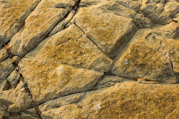 gray rock with yellow spots and deep cracks with shadows. natural surface texture