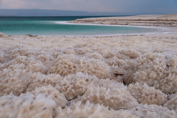 Salt formations on Dead sea coastline in Jordan