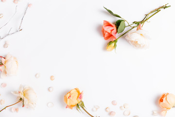 Festive flower composition on the white wooden background. Overhead view