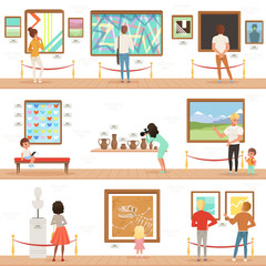 Cartoon characters people visitors in art museum. Paintings, butterflies collection and sculptures in the gallery. Cultural activities concept. Vector vertical flat banners