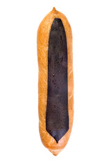 Traditional eclair with chocolate, on the white isolated background.