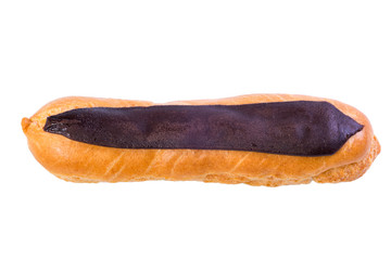 The chocolate eclair isolated on a white background. Close up, dessert.