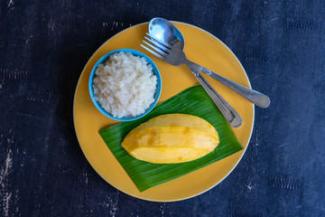 Thai style dessert, mango with sticky rice on plate. Yellow mango and sticky rice is popular traditional dessert of Thailand