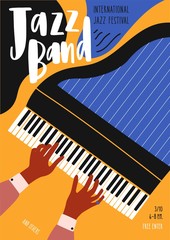Flyer or poster template for jazz festival, concert, music performance with pianist's hands playing grand piano and lettering. Vector illustration in contemporary flat style for musical event promo. © Good Studio