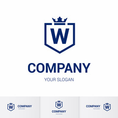Obraz premium Illustration of Shield Badge-Shape with letter W in the Middle and Luxury Crown. Logo Icon Template for Web and Business Card, Letter Logo Template on White Background