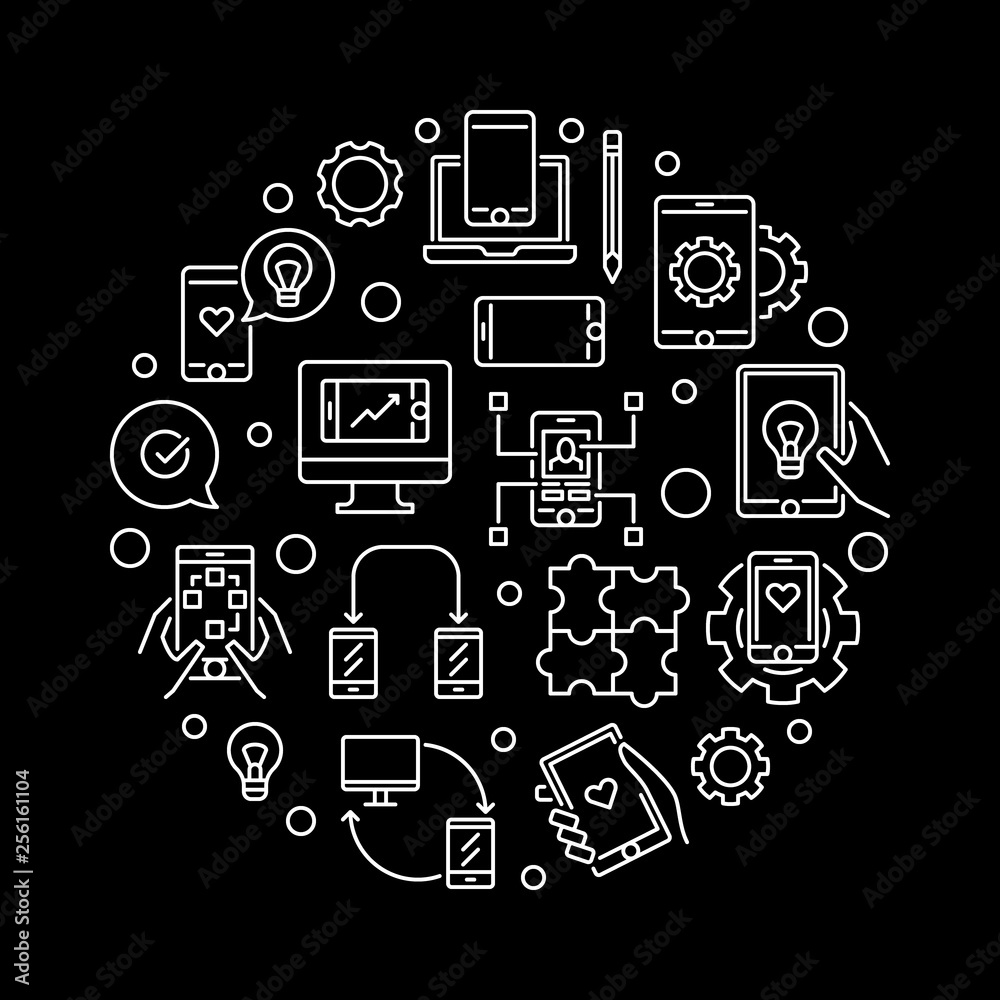 Poster app development and mobile applications vector round concept illustration in thin line style on dark