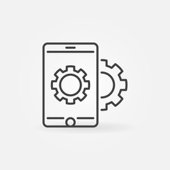 Smartphone with gear vector icon in thin line style. Mobile app development concept sign