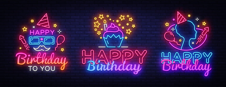 Happy Birthday neon signs set design template. Big Collection Happy Birthday greeting cards, light banner design element colorful modern design trend, night bright advertising. Vector illustration