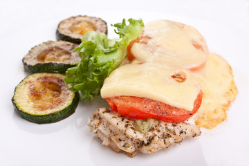 Baked Spicy Cheese Tomato Chicken with  Zucchini on White