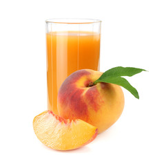 glass of peach juice with peach fruit and slices isolated on white background.