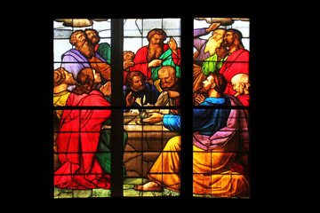 Apostles before empty tomb of Virgin Mary, stained glass in Zagreb cathedral dedicated to the Assumption of Mary in Zagreb on September 26, 2013.
