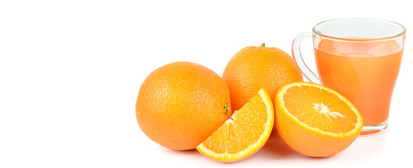 Fresh orange juice with fruits isolated on white. Wide photo. Free space for text.