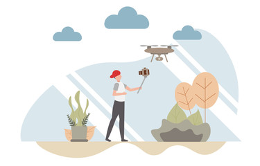 Vlog concept with character, A man holding camera selfie video blog with a drone copter.Creative flat design for web banner.