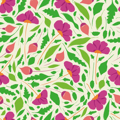 Elegant hand drawn flowers, buds and leaves in floral garden meadow design. Seamless vector pattern Great for wellbeing, , organic, beauty, spa products, home decor, fabric, giftwrap, stationery.