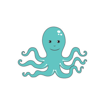 Cute cartoon octopus, marine kid animal vector funny illustration isolated on white backdrop, sea creature for character design, mascot, zoo alphabet, children invitation, greeting cards, sticker