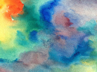 Obraz premium Watercolor abstract bright colorful textural background handmade . Painting of sky and clouds during sunset . Modern cosmic pattern . Shine
