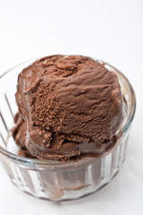 Scoop of chocolate ice cream in a glass bowl