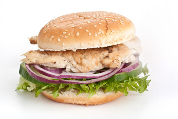 chicken, onions, cucumbers, lettuce sandwich