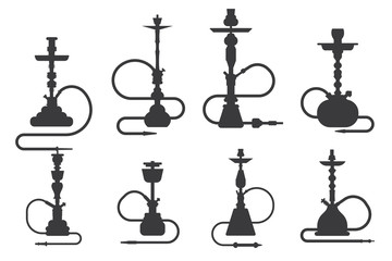 Hookah silhouette shisha turkish aroma lifestyle oriental culture smoke cloud arabian cafe set vector illustration