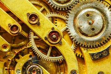 Vintage watch machinery macro detail monochrome.Mechanism of pocket watch with grunge texture.