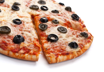 sliced vegetarian pizza margarita with black olives isolated on white