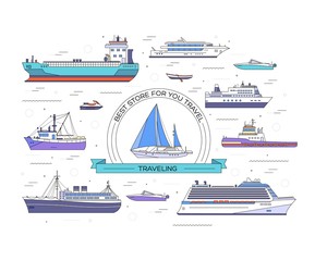 Set of thin line ship flat yacht, scooter, cargo, steamship, ferry, fishing boat, tug, bulk carrier, vessel, pleasure, cruise with sea background concept. Vector outline illustration