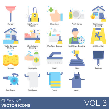 Cleaning icons including plunger, high pressure washer, cleanliness, wash dishes, fire damage, water, after builders, party, last minute, wet floor sign, sponge, handwash, brush, hose, dustpan, blower