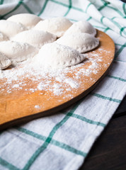 Raw dumplings sprinkled with flour on a kitchen board and a striped towel